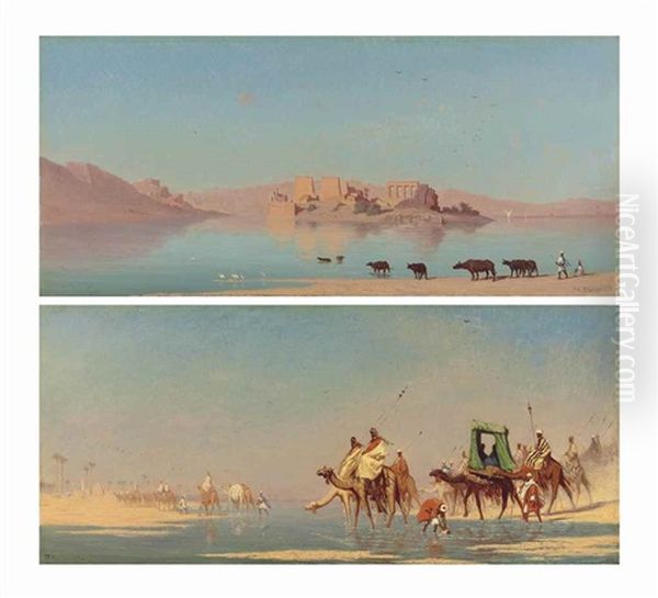 Caravane Traversant Un Fleuve (haute Egypte); And Vue De Ile De Philoe-nubia (cote Sud Ouest) (pair) Oil Painting by Charles Theodore Frere