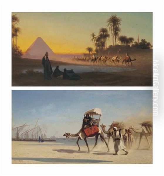 Grand Pyramide De Gyzeh; Bords Du Niel A Boulak (pair) Oil Painting by Charles Theodore Frere