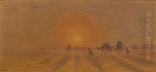 Camel Train At Dusk Oil Painting by Charles Theodore Frere