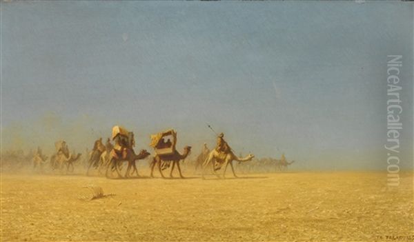 Camel Train In The Desert Oil Painting by Charles Theodore Frere