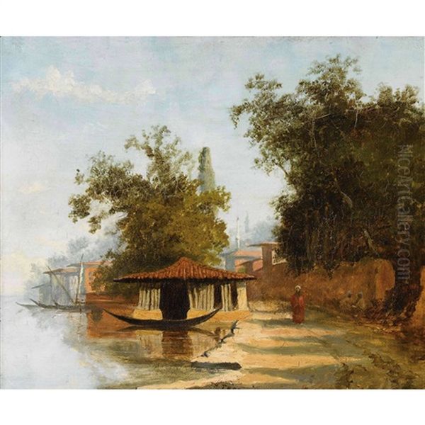 Personnage Au Bord Du Nil Et A L'ombre De Grands Arbres, Avec Kiosque Et Felouque, Minaret En Arriere Plan Oil Painting by Charles Theodore Frere