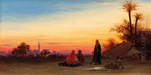 Bedouin Camp, Afterglow Oil Painting by Charles Theodore Frere