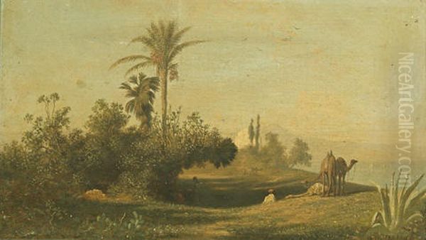 L'oasis And Caravane Traversant Un Desert (pair) Oil Painting by Charles Theodore Frere