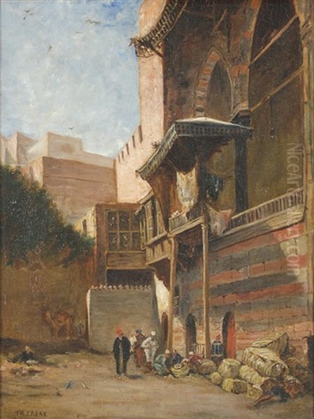 An Early Morning Courtyard With Merchants To One Side And A Woman Washing Clothes On The Other Oil Painting by Charles Theodore Frere
