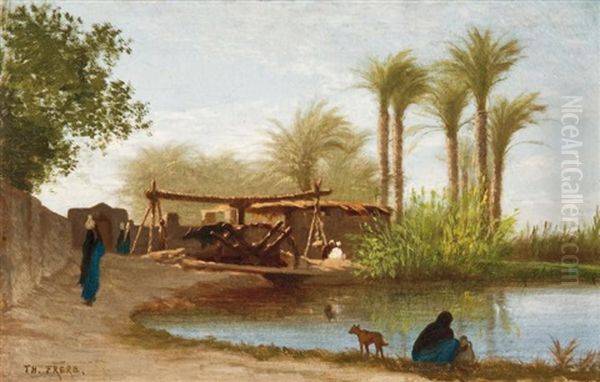 Noria Et Porteuses D'eau, Vallee Du Nil Egypte Oil Painting by Charles Theodore Frere