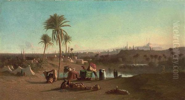 A Camel Train At An Oasis, Cairo Beyond Oil Painting by Charles Theodore Frere