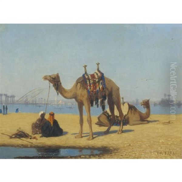 Camels By The Nile Oil Painting by Charles Theodore Frere