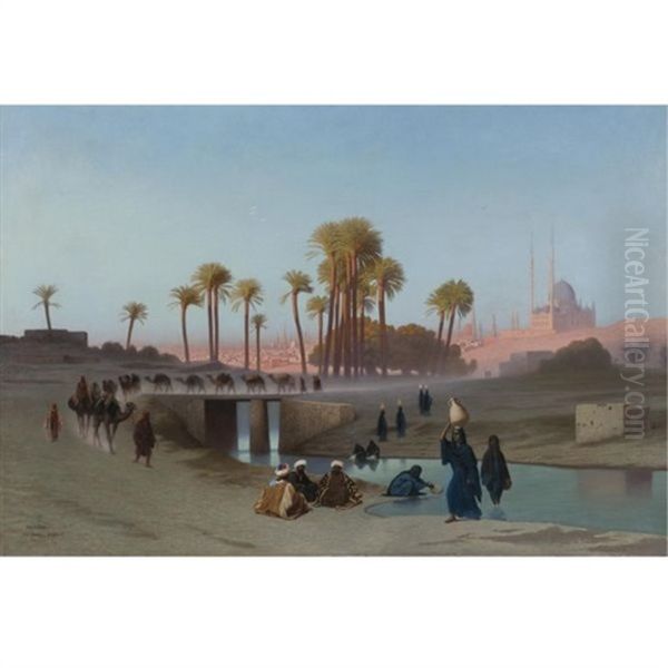 Departure From Cairo, Mohamed Ali Citadel In The Distance Oil Painting by Charles Theodore Frere