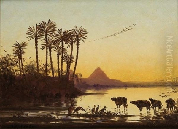 Coucher De Soleil Sur Le Nil, Pyramides De Cheops Oil Painting by Charles Theodore Frere