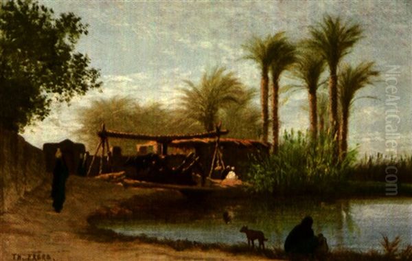 Noria Et Porteuses D'eau Vallee Du Nil Egypte Oil Painting by Charles Theodore Frere