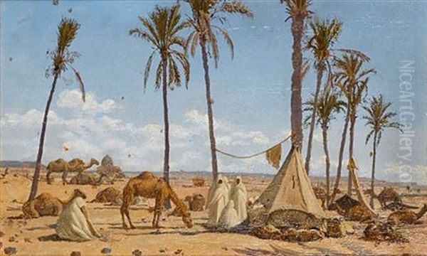 Arab Camp (+ Desert Landscape; Pair) Oil Painting by Charles Theodore Frere