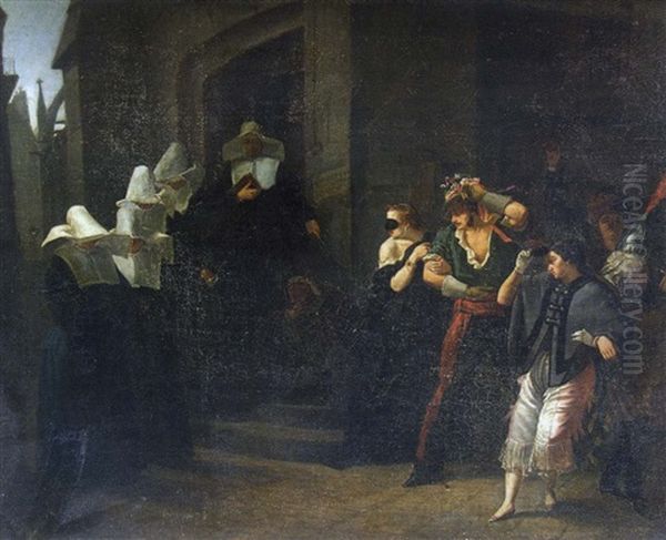 Personnages Masques Passant Devant Des Religieuses Oil Painting by Charles Theodore Frere
