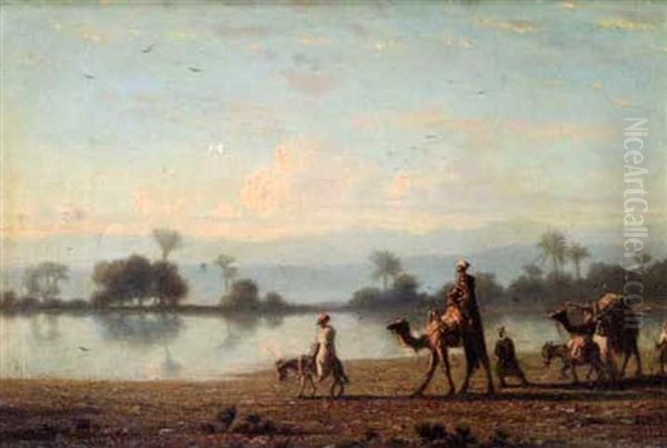 La Caravane Au Bord Du Nil Oil Painting by Charles Theodore Frere