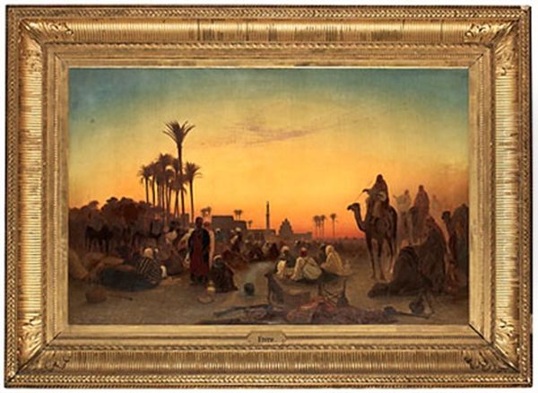 La Halte Du Soir, A Minieh Oil Painting by Charles Theodore Frere