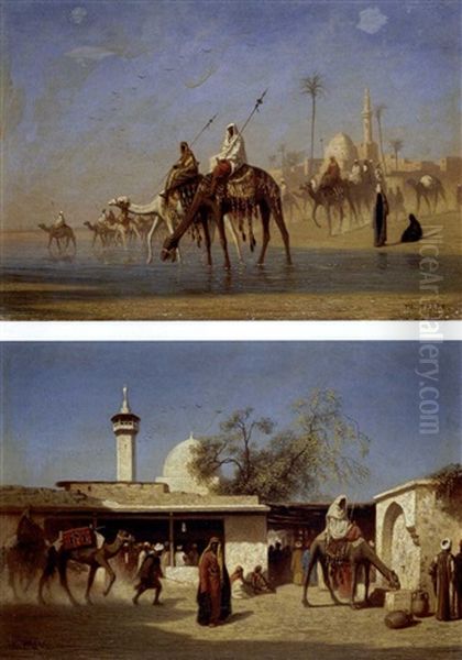 Un Gue En Bas Egypte (+ Une Rue A Damas; Pair) Oil Painting by Charles Theodore Frere