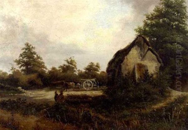 La Charette Pres De La Chaumiere Oil Painting by Charles Theodore Frere