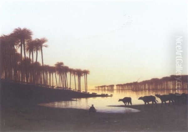 Buffles Au Bord Du Nil Oil Painting by Charles Theodore Frere