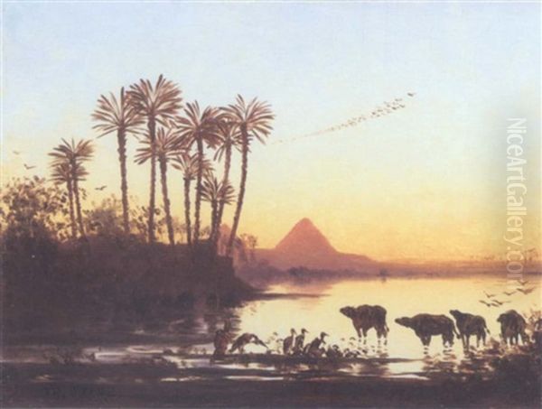 Troupeau Au Bord Du Nil Oil Painting by Charles Theodore Frere