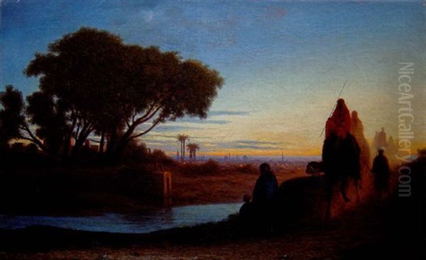 La Caravane Quittant Le Caire Au Coucher Du Soleil Oil Painting by Charles Theodore Frere
