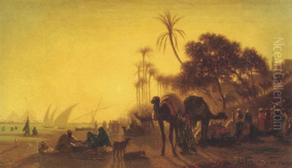 L'arrivee De La Caravane A Gizeh Oil Painting by Charles Theodore Frere