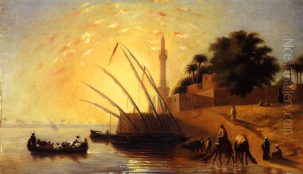 Coucher De Soleil A Beni Souef Oil Painting by Charles Theodore Frere