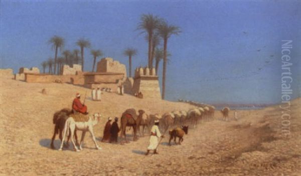Arrival Of A Caravan At The Nile Oil Painting by Charles Theodore Frere