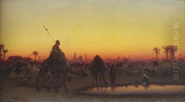 La Caravane Pres Du Caire, Soleil Couchant Oil Painting by Charles Theodore Frere