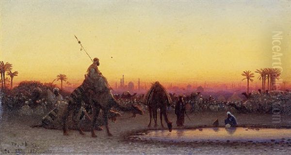 Camels At A Watering Hole Outside Cairo Oil Painting by Charles Theodore Frere