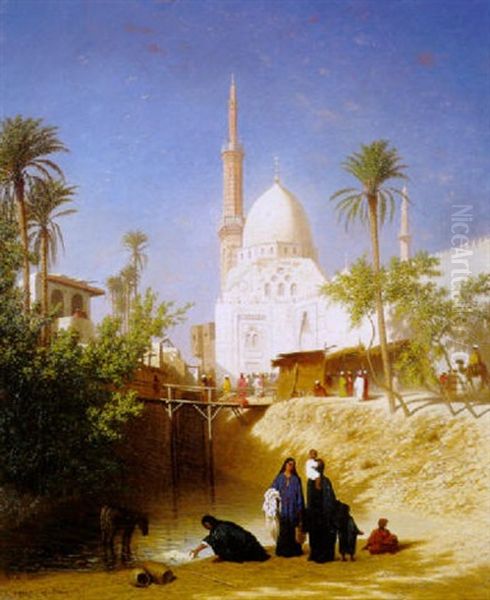 Lavandieres Et Mosquee Aux Environs Du Caire Oil Painting by Charles Theodore Frere