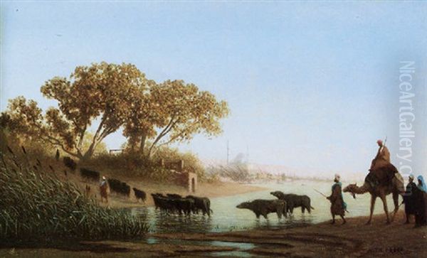 Troupeau Passant La Riviere Oil Painting by Charles Theodore Frere