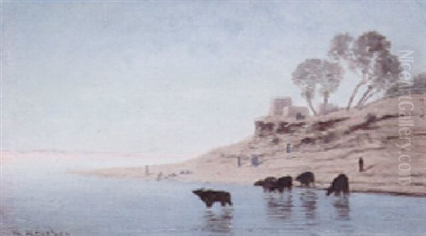 Porteuses D'eau Et Les Buffles Oil Painting by Charles Theodore Frere
