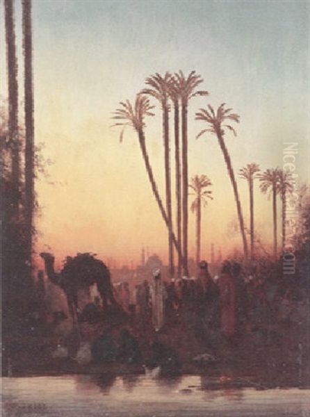 An Open Courtyard With Numerous Figures Gathered Around A Well Oil Painting by Charles Theodore Frere