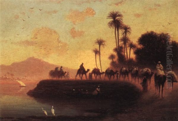 Caravan Train Along The Nile Oil Painting by Charles Theodore Frere