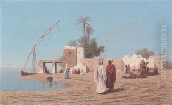 Un Village Aux Bords Du Nil - Haute Egypte Oil Painting by Charles Theodore Frere