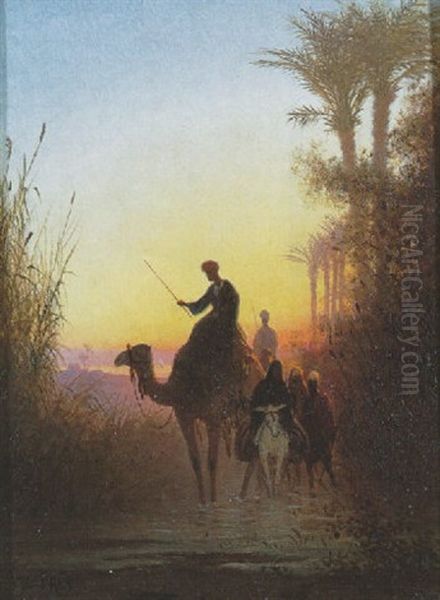 A Caravan Entering An Oasis At Sunset Oil Painting by Charles Theodore Frere