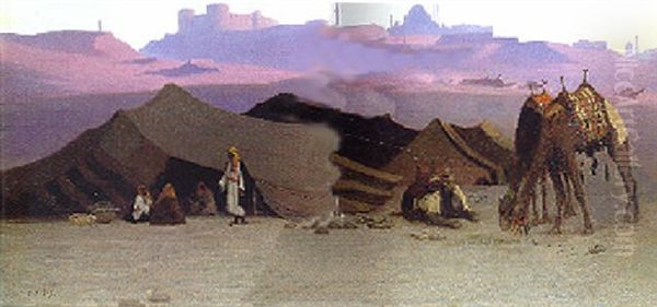 Campement Aux Pieds De La Citadelle Au Caire Oil Painting by Charles Theodore Frere