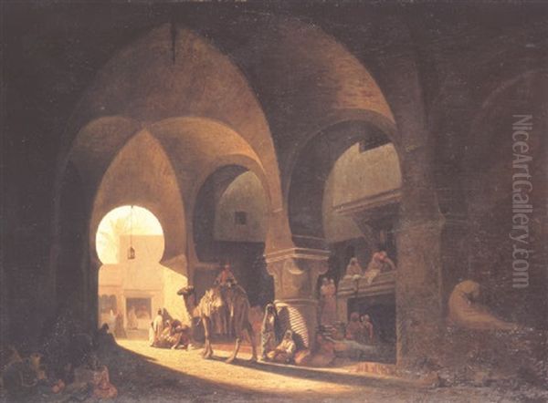 Numerous Figures In A North African Bazaar Oil Painting by Charles Theodore Frere