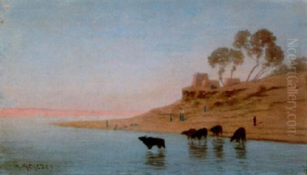 Crepuscule, Buffles Au Bord Du Nil Oil Painting by Charles Theodore Frere