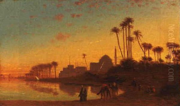 A Caravan Resting In An Oasis At Sunset Oil Painting by Charles Theodore Frere