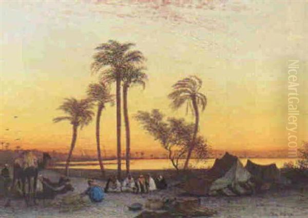 Campement Au Coucher De Soleil Oil Painting by Charles Theodore Frere