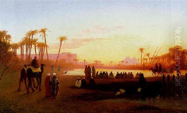 Figures In The Banks Of The River Nile At Gizeh, Evening Oil Painting by Charles Theodore Frere