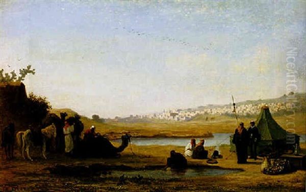 Sunset At Oasis Oil Painting by Charles Theodore Frere