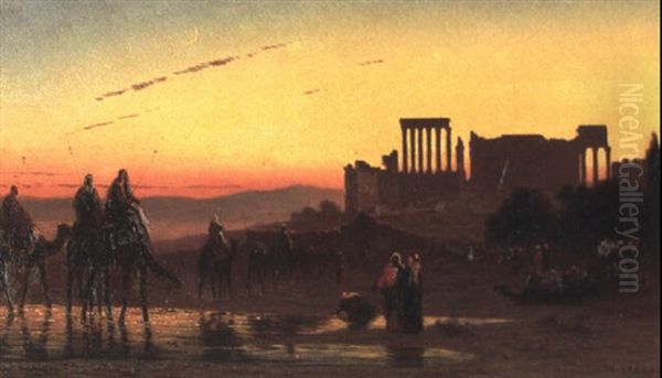 La Grande Caravane Arrivant A Baalbeck Par Le Sud-est Oil Painting by Charles Theodore Frere