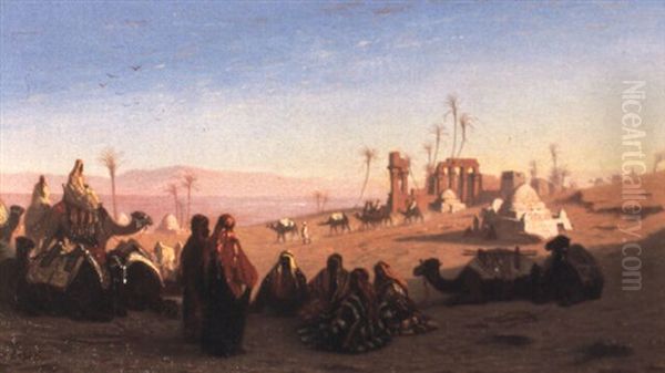 Halte De Chameliers Aux Ruines D'hermonthis En Haute Egypte Oil Painting by Charles Theodore Frere