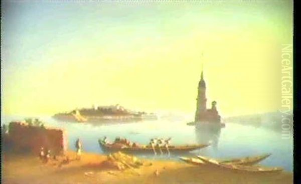 Rameurs Devant La Tour De Leandre (kiz Kulesi) Oil Painting by Charles Theodore Frere