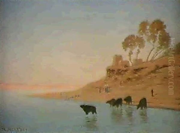 Cattle Watering In The Nile Oil Painting by Charles Theodore Frere