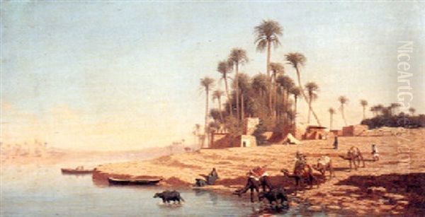 A Caravan Approaching A River Oil Painting by Charles Theodore Frere