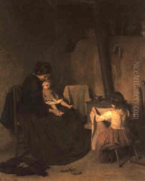Mother And Her Children In An Interior Oil Painting by Pierre Edouard Frere