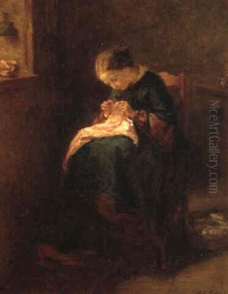 Woman Sewing By A Window Oil Painting by Pierre Edouard Frere