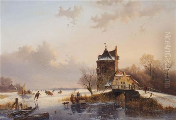 Figures Skating On A Frozen Waterway Oil Painting by Jacobus Freudenberg